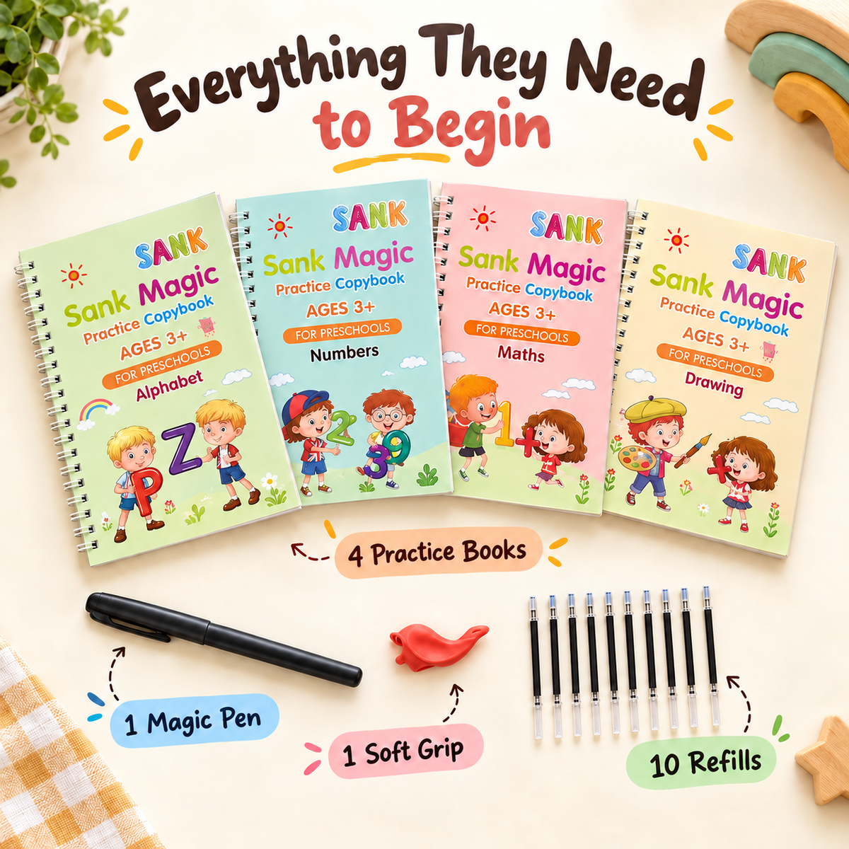 Four practice books one pen one grip and ten refills