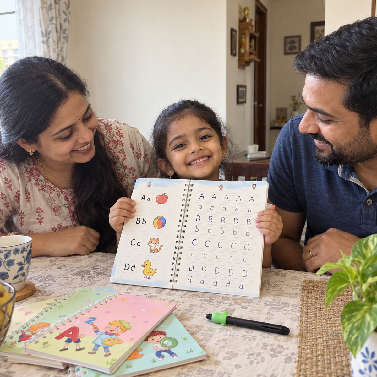 Indian child proudly showing a completed tracing page to parents