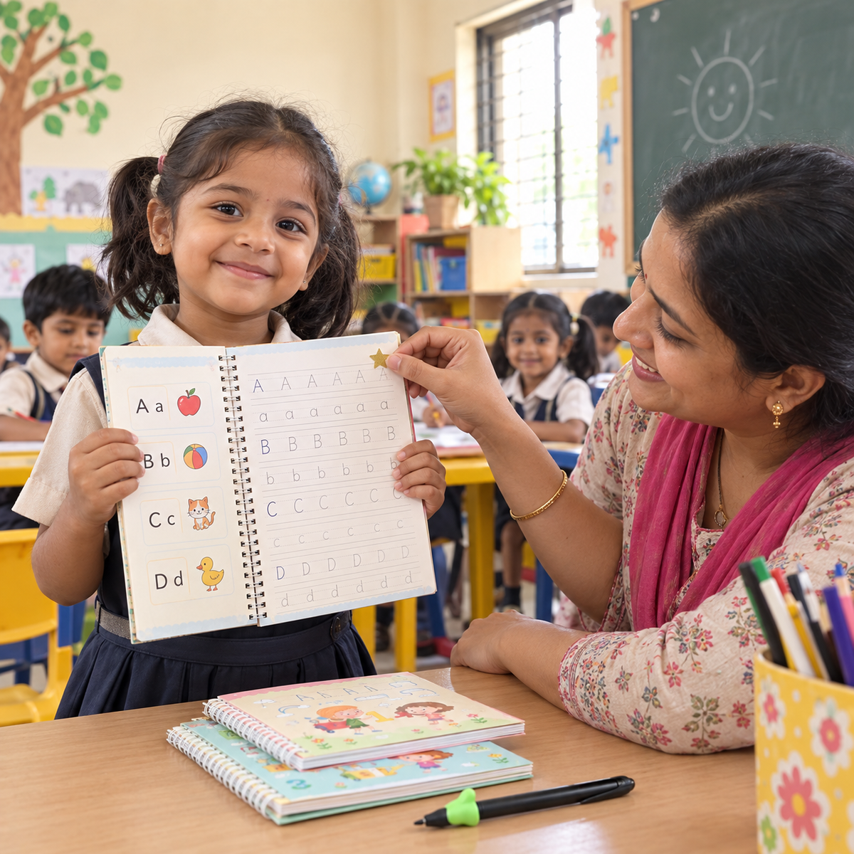 Indian teacher giving a child a star for tracing effort in class