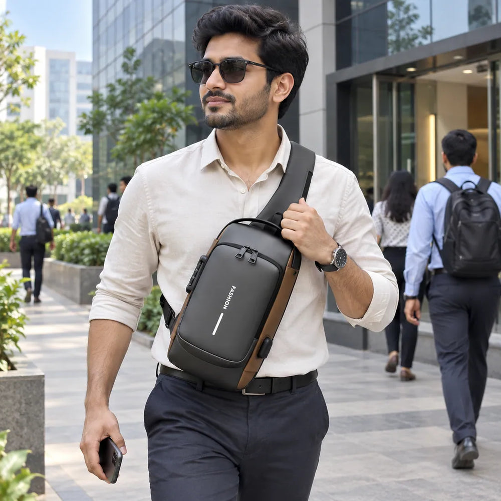 Indian professional carrying VaultGo to the office