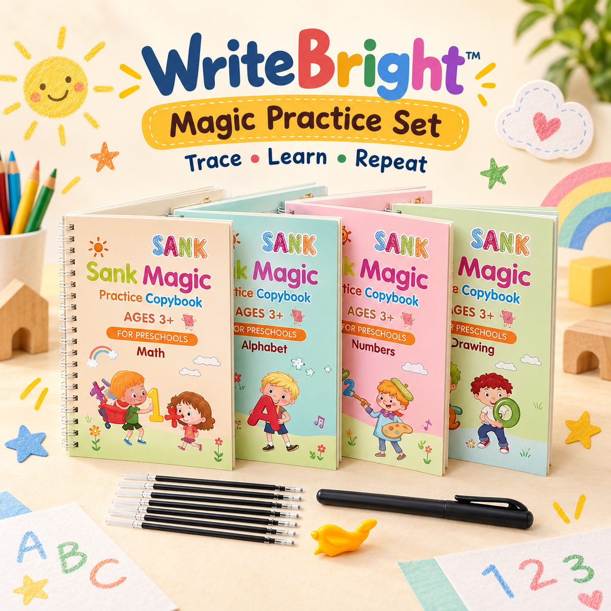 WriteBright Magic Practice Set with four books pen grip and refills