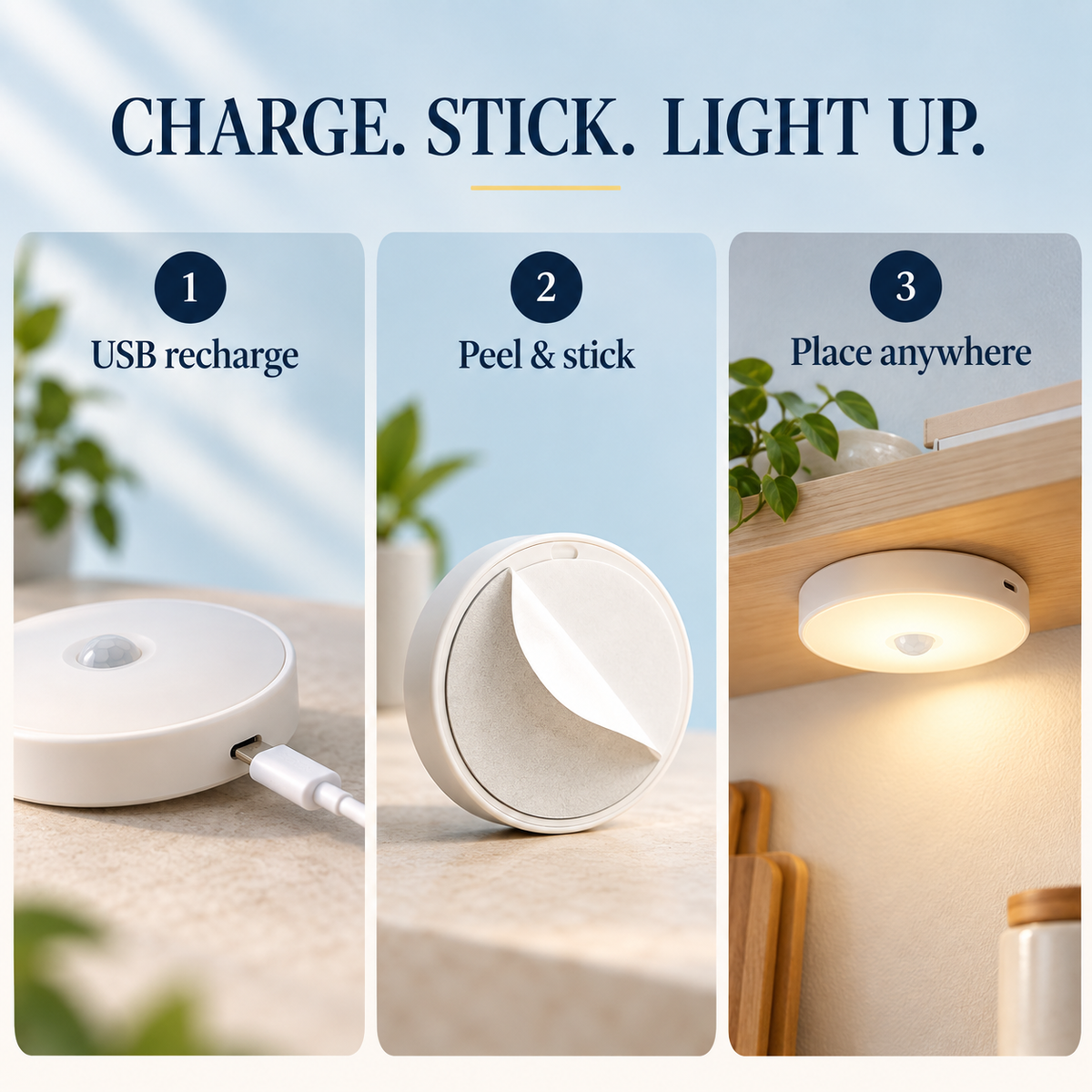 Peel and stick motion sensor light installation