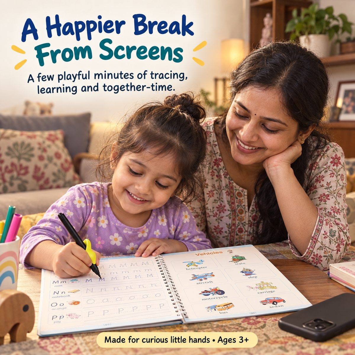 Indian parent and child enjoying screen-free tracing time