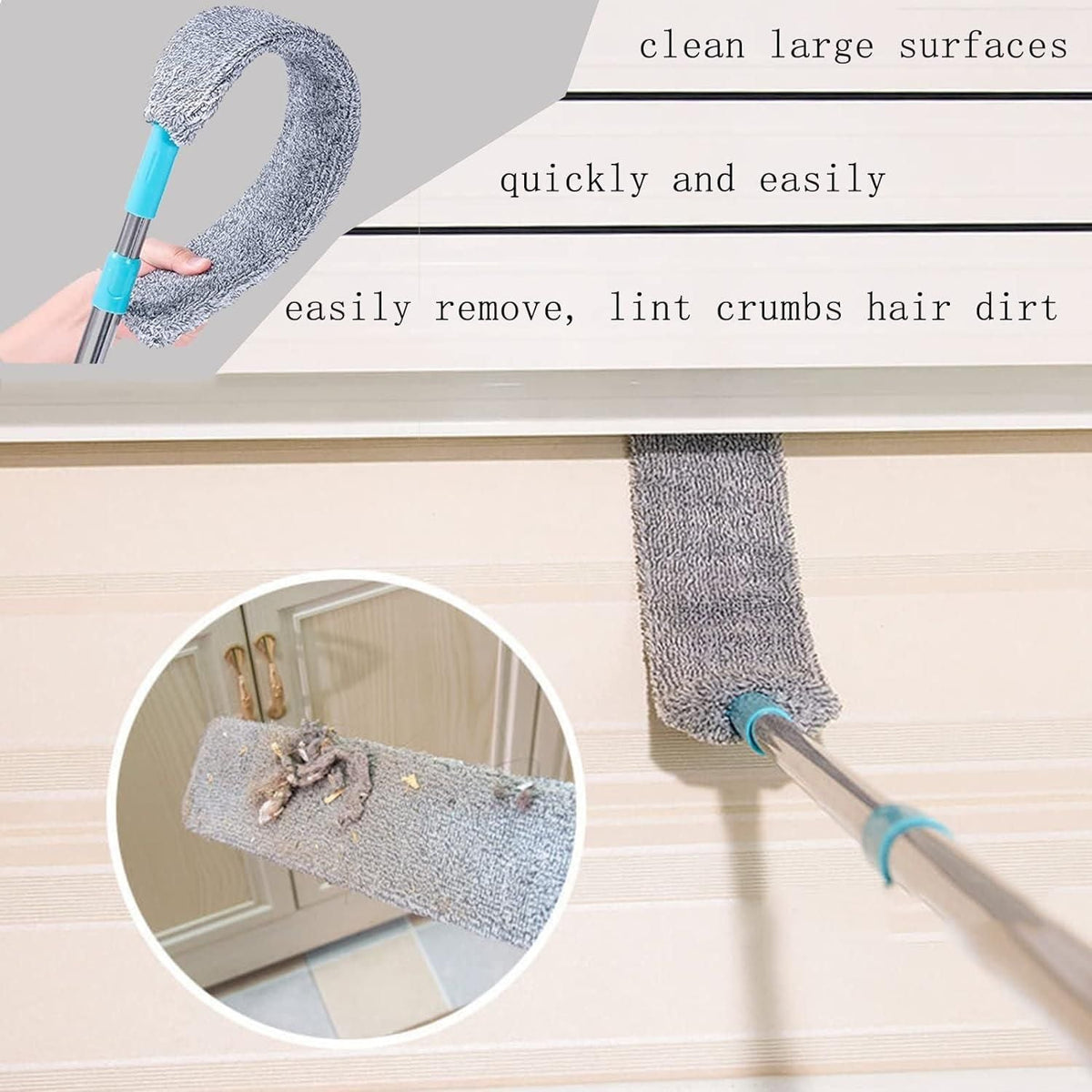Microfiber gap duster collecting dust and hair