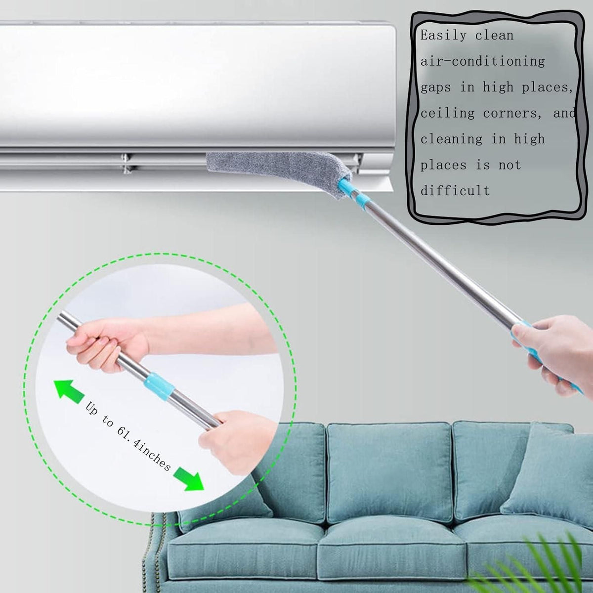 Telescopic gap duster reaching an AC top