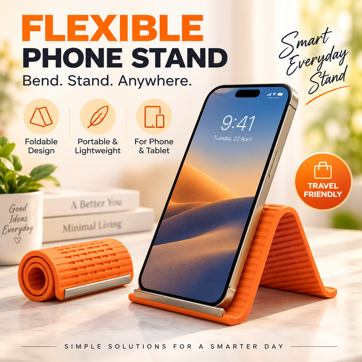 FlexLoop roll-up phone stand supporting a smartphone