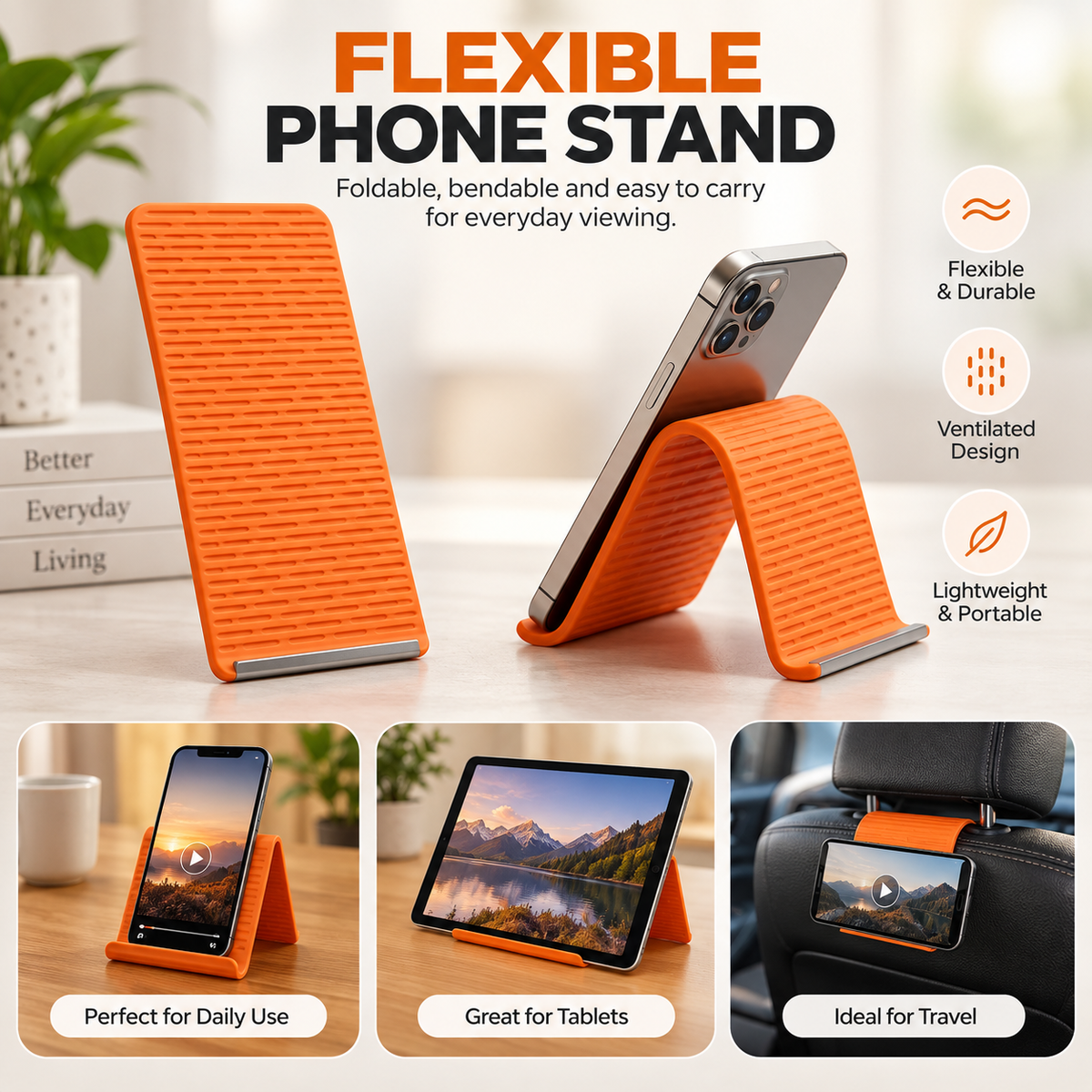 Flexible phone stand keeping a mobile screen in easy view