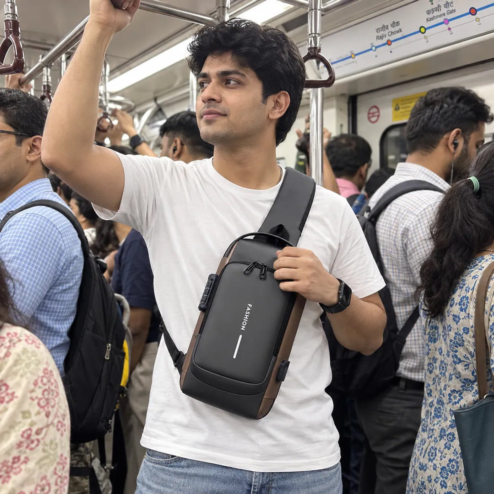 Indian commuter carrying VaultGo in a crowded metro