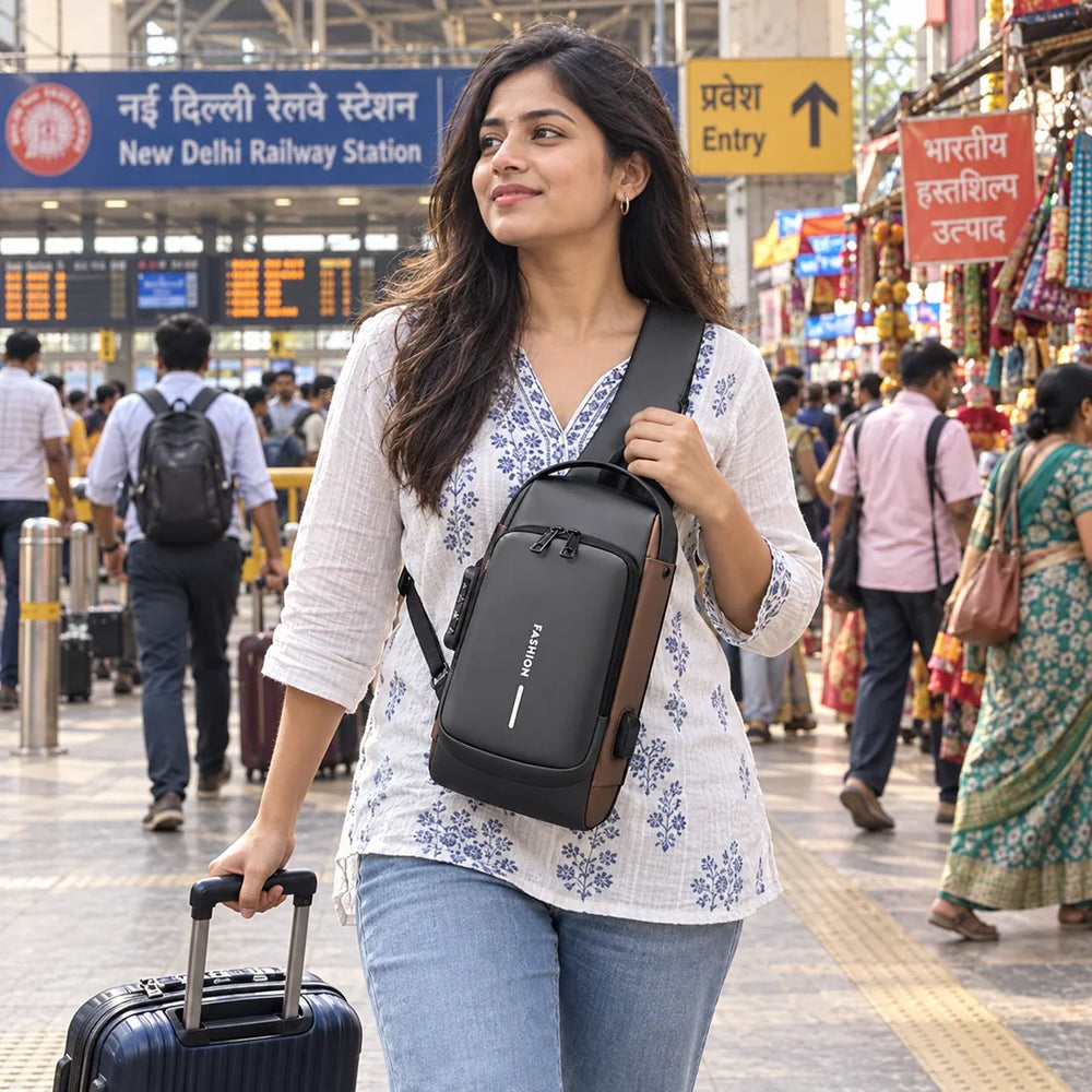 Indian woman traveller carrying VaultGo in a busy city