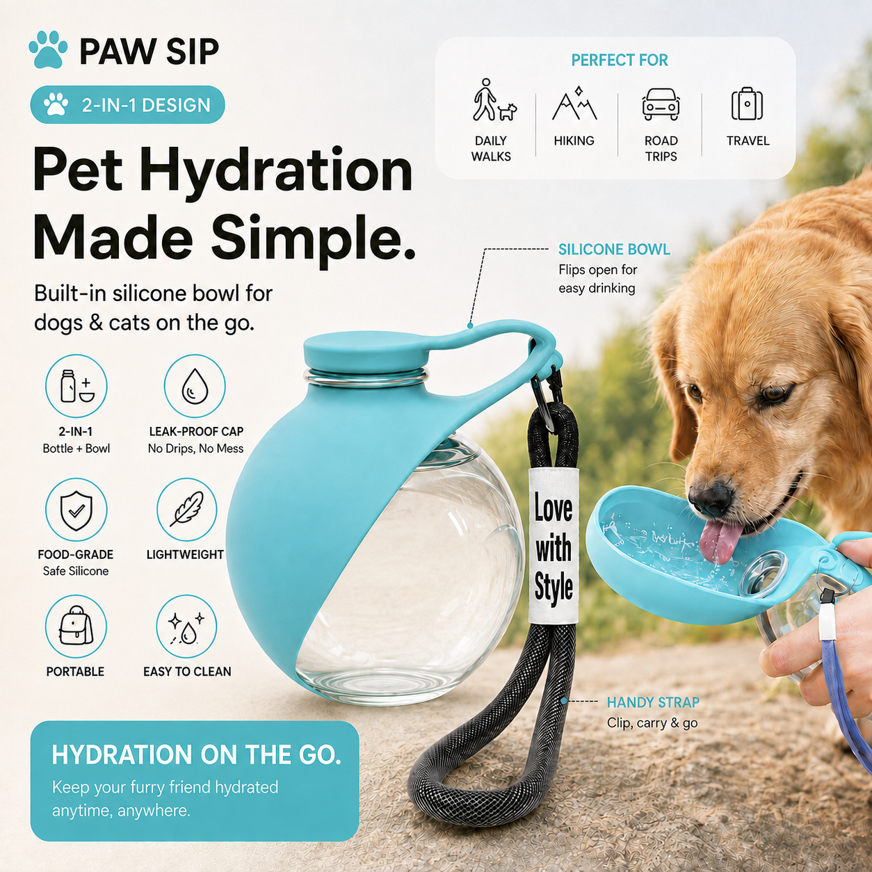 Paw Sip blue 2-in-1 pet water bottle with silicone bowl