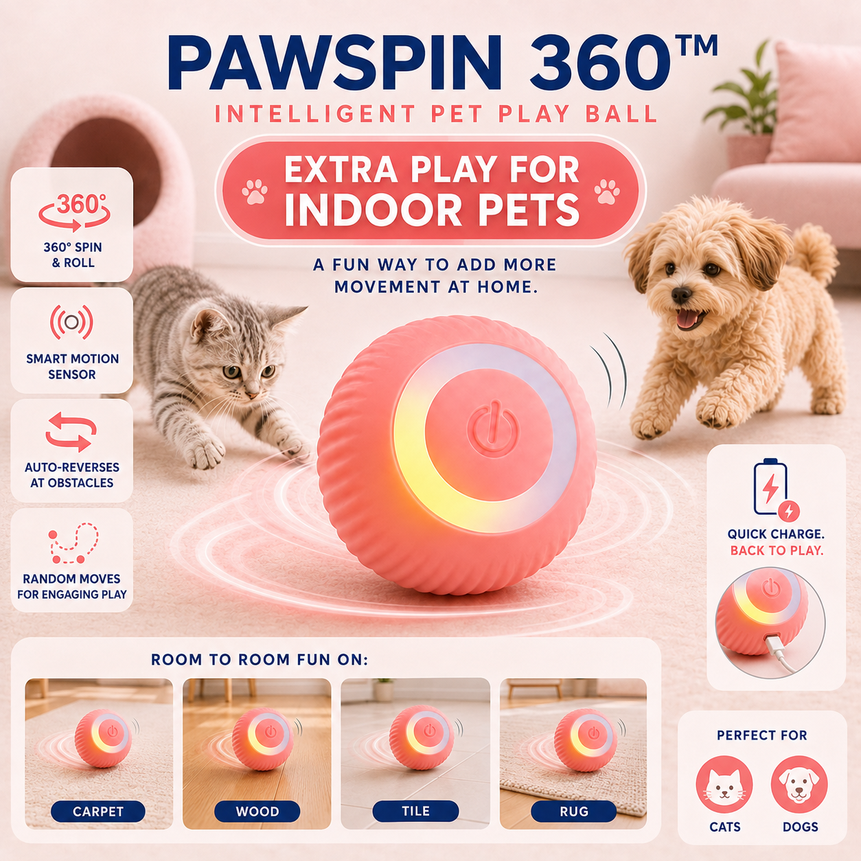 PawSpin 360 intelligent pet play ball with its key play features