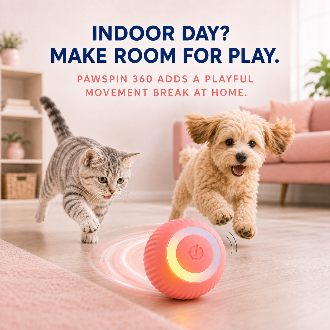 A cat and dog enjoying an indoor PawSpin play break